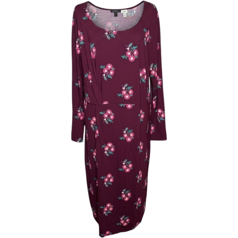 Old Navy Womens 2X Plus Burgundy Floral Twist Front Long Sleeve Midi Dress NWT
